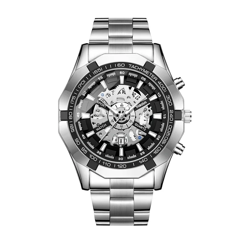 Luxury Men's Stainless Steel Waterproof Quartz Watch with Skeleton Design
