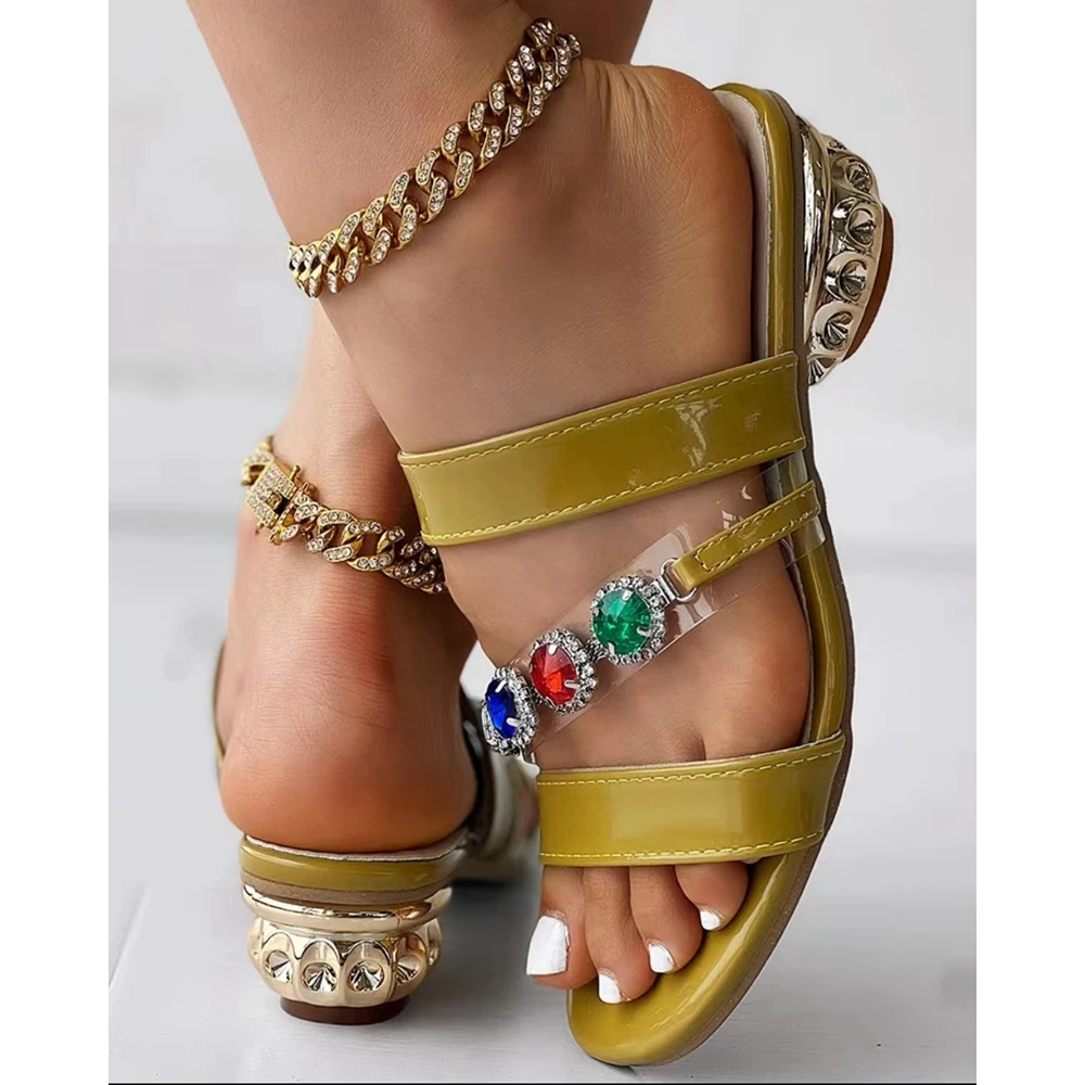 2024 Women Casual Gem Stone Decor Chunky Slippers Outdoor Beach Summer Peep Toe Sandals Lady Fashion Going Out Summer Shoes