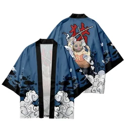 Summer Women Men Cardigan Beach Yukata Cartoon Boar Samurai Print Japanese Kimono Cosplay Haori Traditional Clothing
