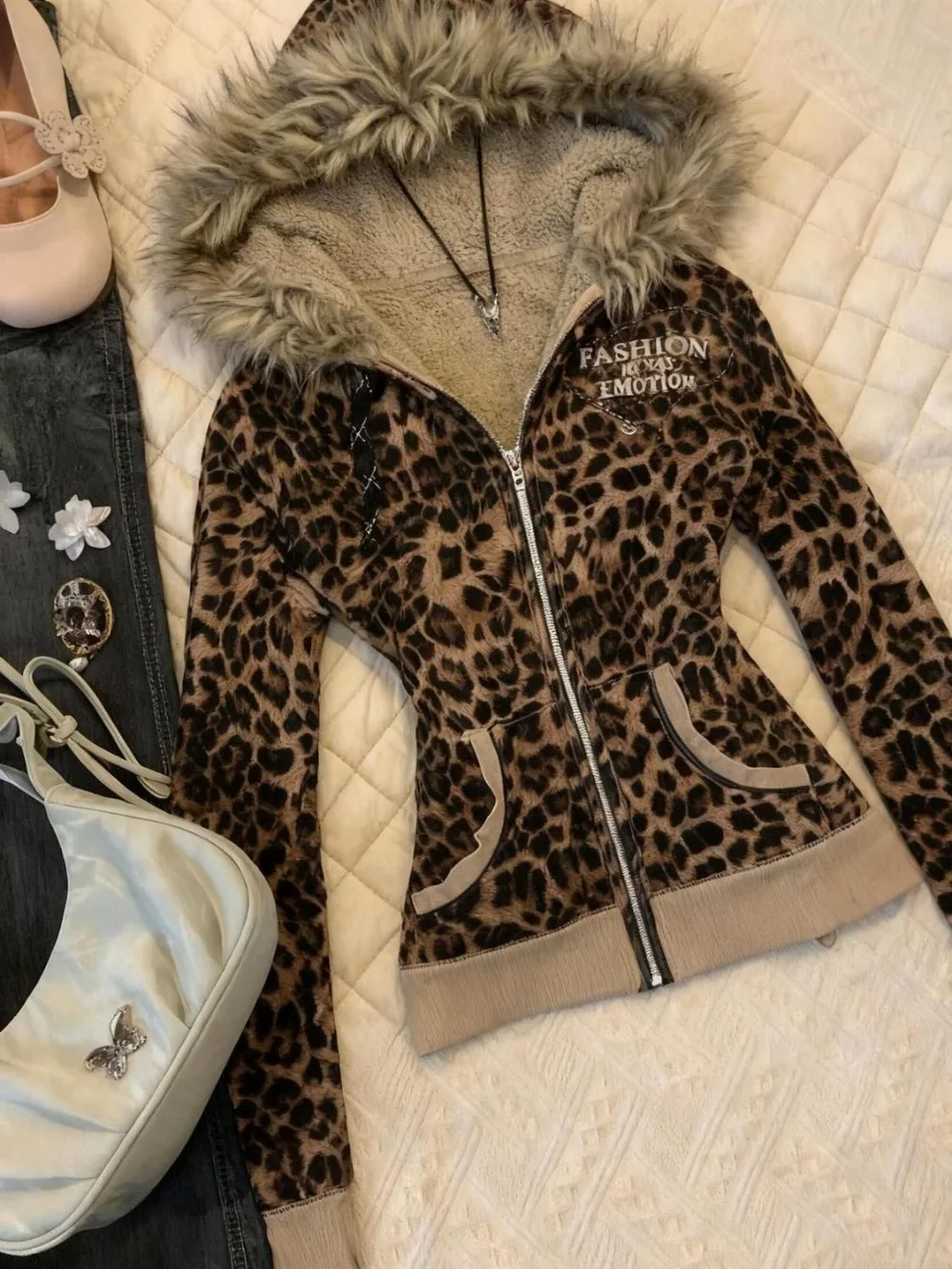 Y2K Hot Girl Autumn Winter Harajuku Vintage Leopard Print Slim Fit Sweatshirt Women Gothic Fur Collar Zipper Long Sleeve Hoodie