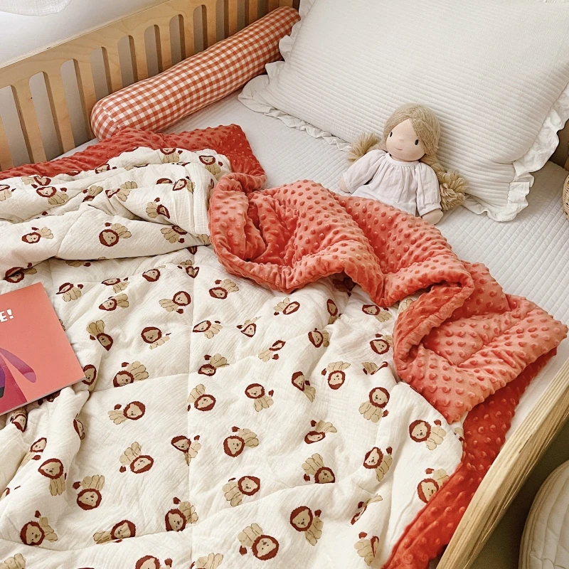 Baby Minky Dot Quilt for Autumn Winter Bear Rabbit Muslin Newborn Crib Blanket Comforter Kids Fleece Thermal Sleeping Cover