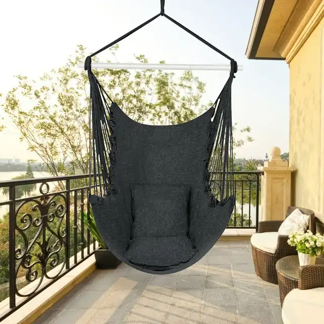 Chair Hanging Rope Swing, Large Swing Hammock Chairs with 2 Seat Cushions&Hardward Kit, Outdoor, Cotton W/Metal Support Bar, Max 2