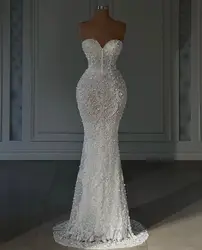 Elegant Evening Dresses Sleeveless Strapless V Neck Sequins Shiny Appliques Lace Pearls Formal Gowns Prom Dresses Custom Made