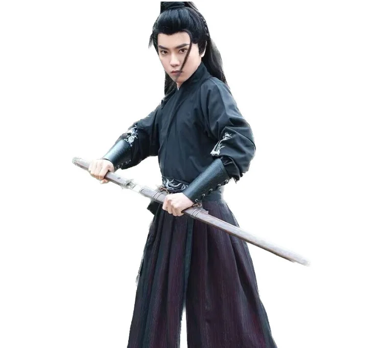 남성용 중국 전통 코스프레 의상, 할로윈 의상, 고대 한푸 의상, 블랙 & 레드 셔츠 및 스커트 세트, 라지 사이즈 4XL