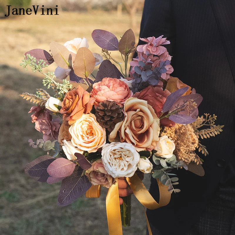 

JaneVini Vintage Coffee Bridal Wedding Bouquet Artificial Silk Rose Peonies Outside Bride Holding Flowers Blumenstrauß Hochzeit