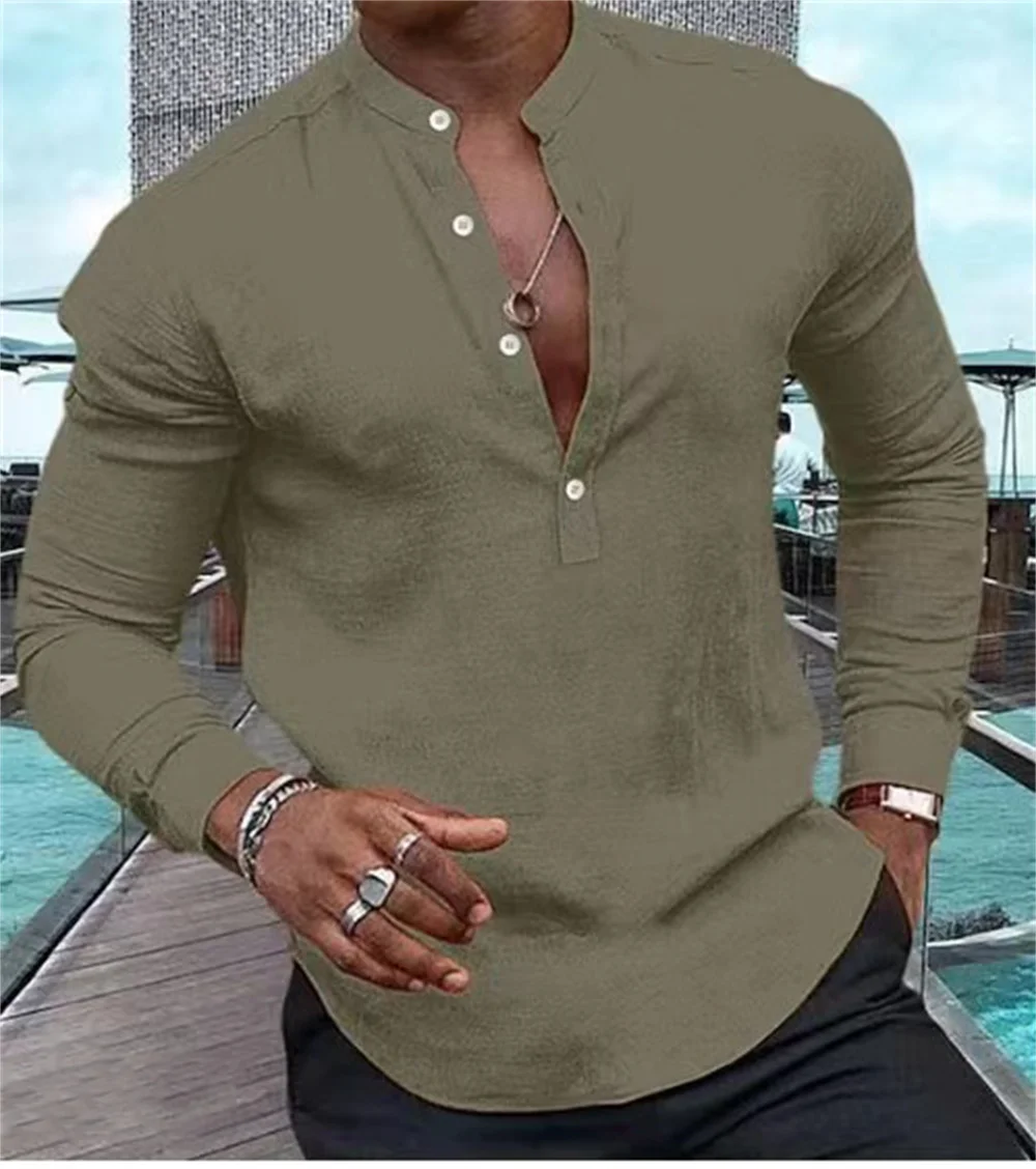 2023 New Fashion Men's High Quality Henry Solid Half Open Button Standing Neck Muscle Men's High Quality Street Top S-3XL
