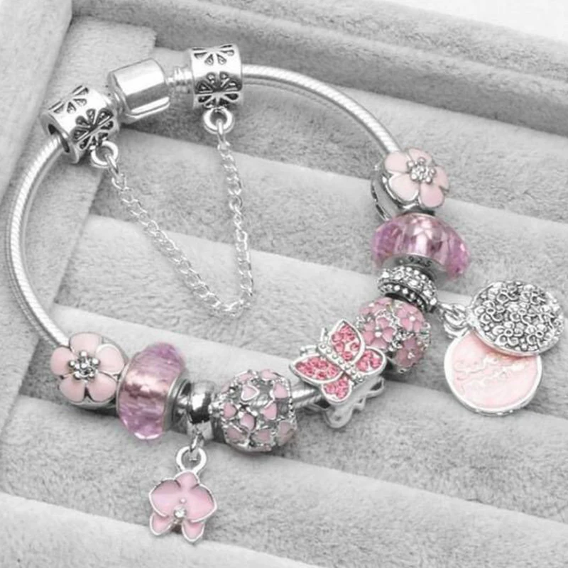 

TOGORY Pink Flower Crystal Beads Charm Bracelets With Silver Plated Brand Bracelets Bangles for Women Lover DIY Jewelry 2024 New