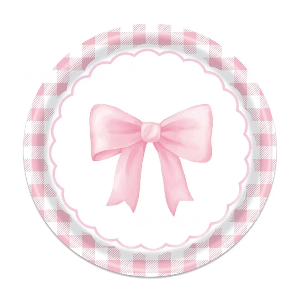 Roze strik verjaardagsdecoraties - feestservies met borden, kopjes