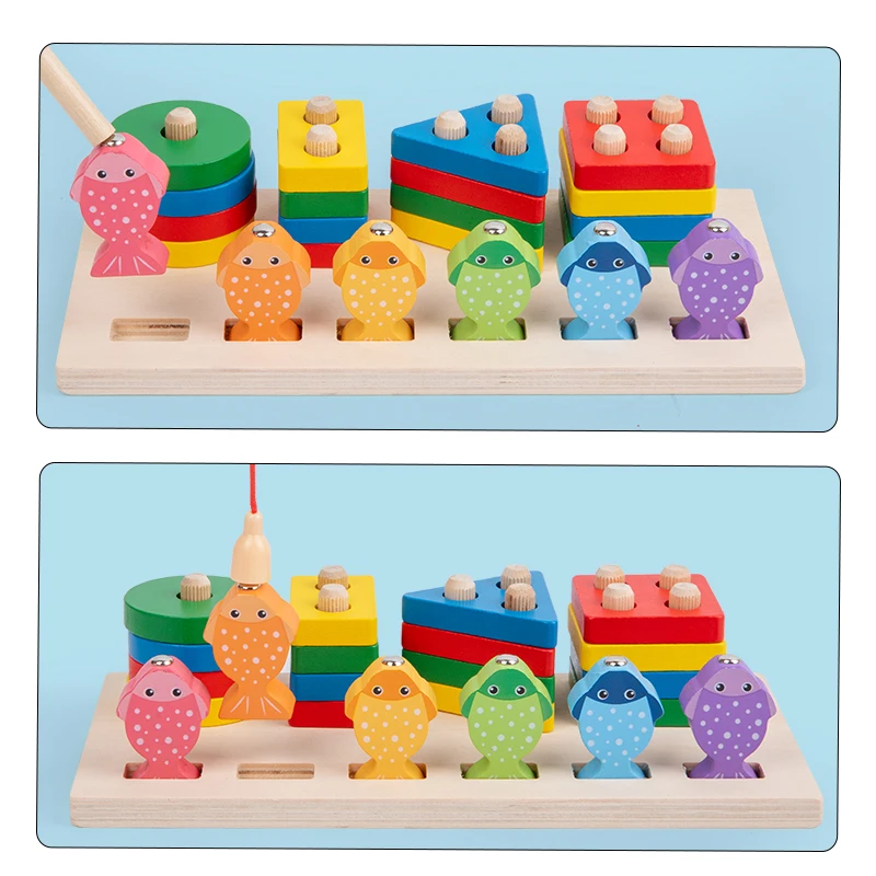 2 in 1 Montessori Baby Developmental Toys Shape Sorting Puzzle and Fishing Game Wooden Educational Toys for Children 3 4 5 Years 4