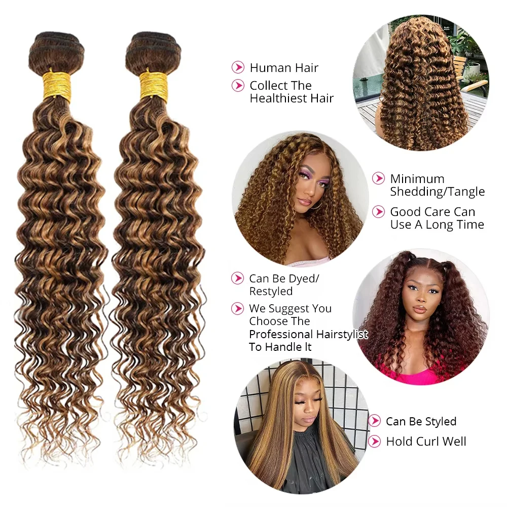 Highlight Water Wave Bundles Human Hair P4/27 Curly Brown Blonde Curly Hair Extension 30Inch Deep Wave Human Hair Bundles Deal 5