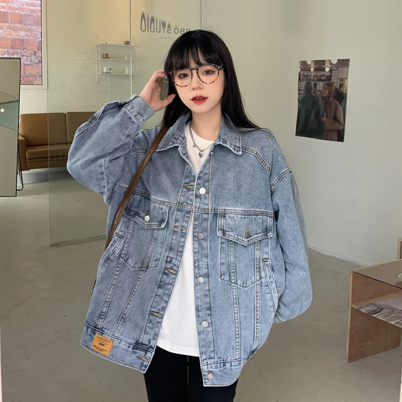 

BF Style Women's Denim Jacket Korean Turn Down Collar Loose Casual Jean Jackets 2022 New Female Pockets Outerwear