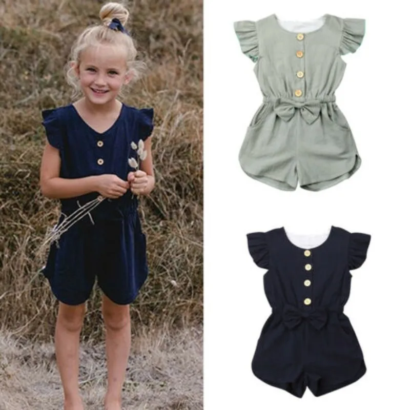 

Toddler Kids Girl's Solid Color Jumpsuit Ruffle Fly Sleeve Button Down Shirt Tops Bow Girdle Waist Romper Playsuit with Pockets