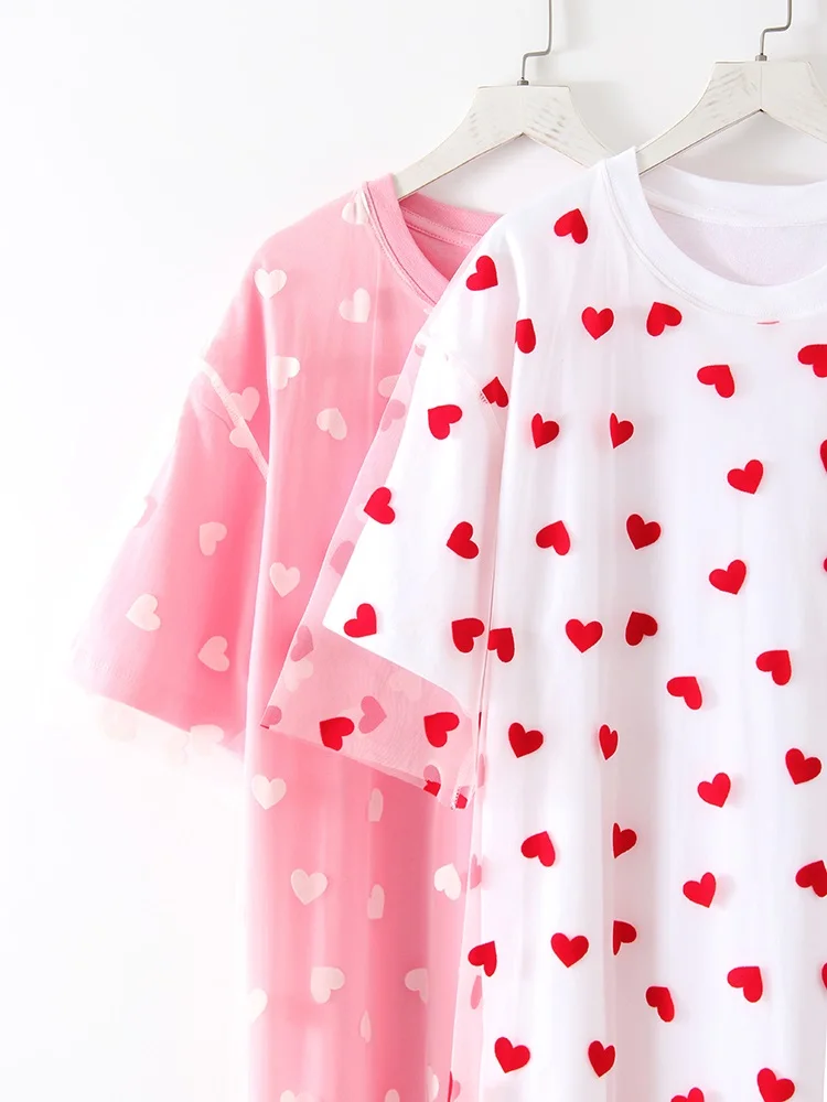 Long Mesh T Shirt Dress For Women Short Sleeve Heart Tulle Fake Two Piece Dresses WOmen's White Loose Maxi Dress With Heart Red