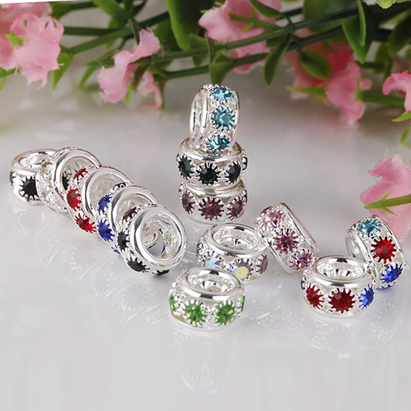 

10pcs Mixed Crystal Rhinestone Charms Silver Color Round European Big Hole Beads Jewelry Accessory For Making DIY 10x5.5mm