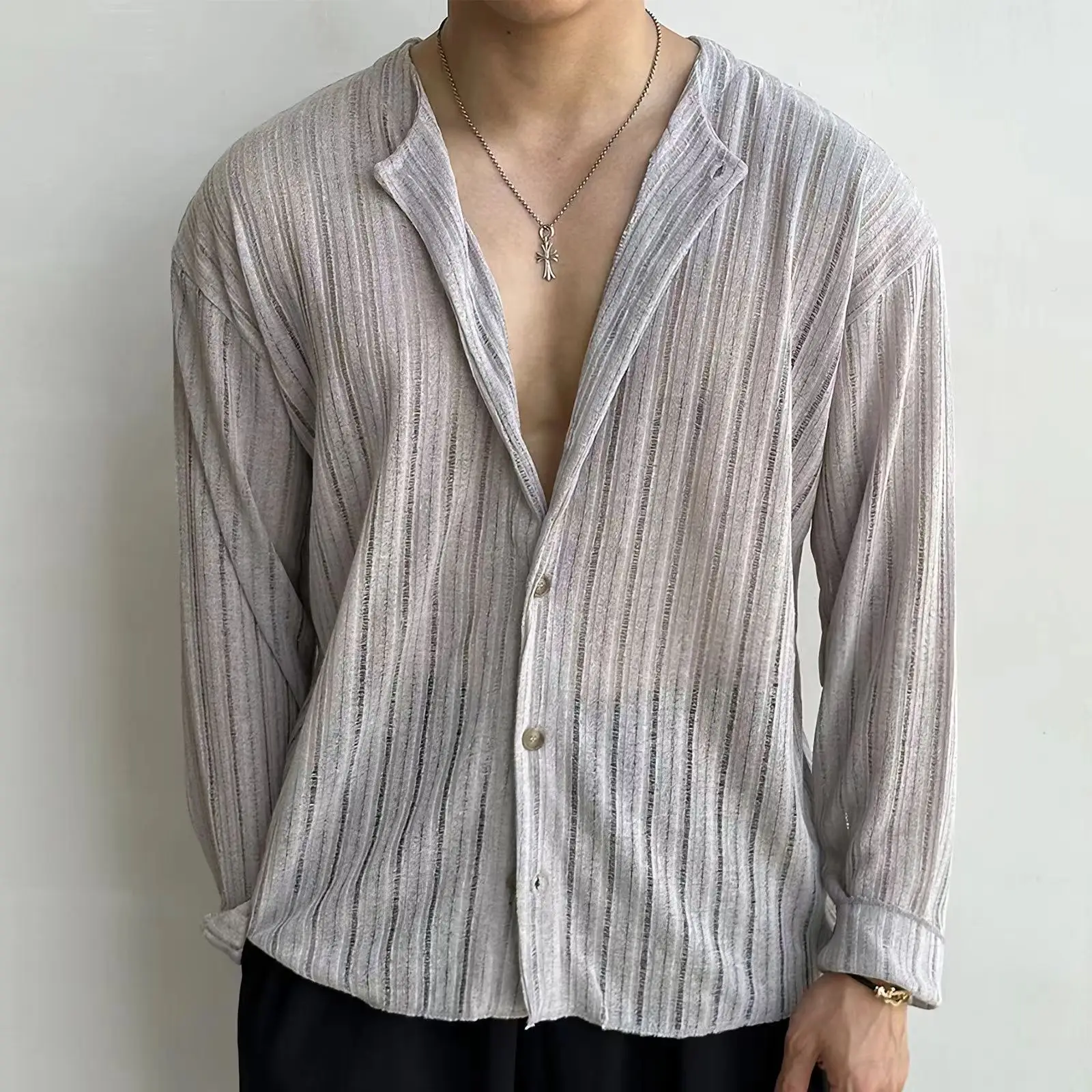 Large Size Men's Shirt V-neck Sexy Knitted Cardigan Solid Color Long Sleeve Hollow POLO Shirt Male Top