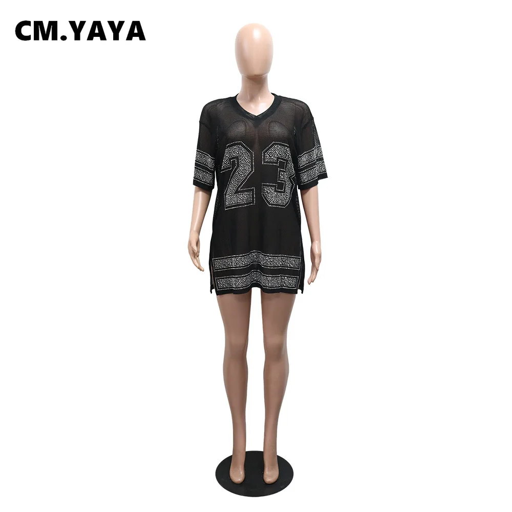CM.YAYA Women Diamonds V-neck Short Sleeve Mesh See Through Tee Tops 2025 Summer Fashion Streetwear Acitve Classic T-shirts 5