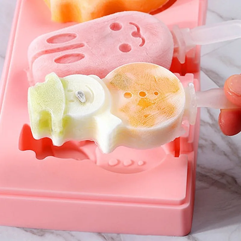 Silicone Ice Cream Mold with Lid, Animals Shape Jelly Mold, Children Handmade DIY Dessert Popsicle Ice Grid with Popsicle Stick