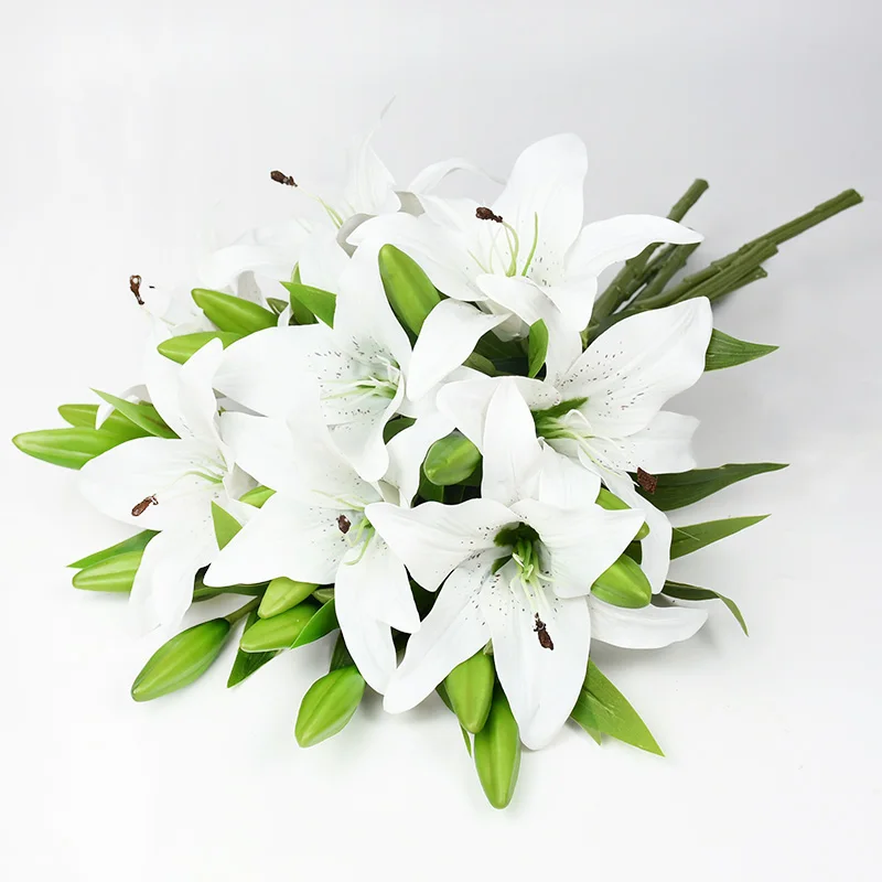 5Pcs 38cm White Lily Artificial Flowers Party Wedding Bridal Bouquet Fake Plant for Living Room Home Garen Decoration Real Touch