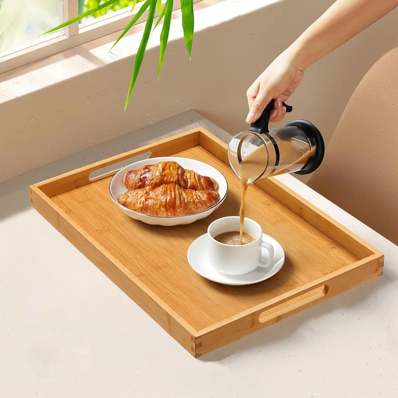 Rectangle Wide Bamboo Tray Storage Bin with Handles Tableware Teacup Holder for Serving Dinner Food Fruit Bread Dessert Tea set