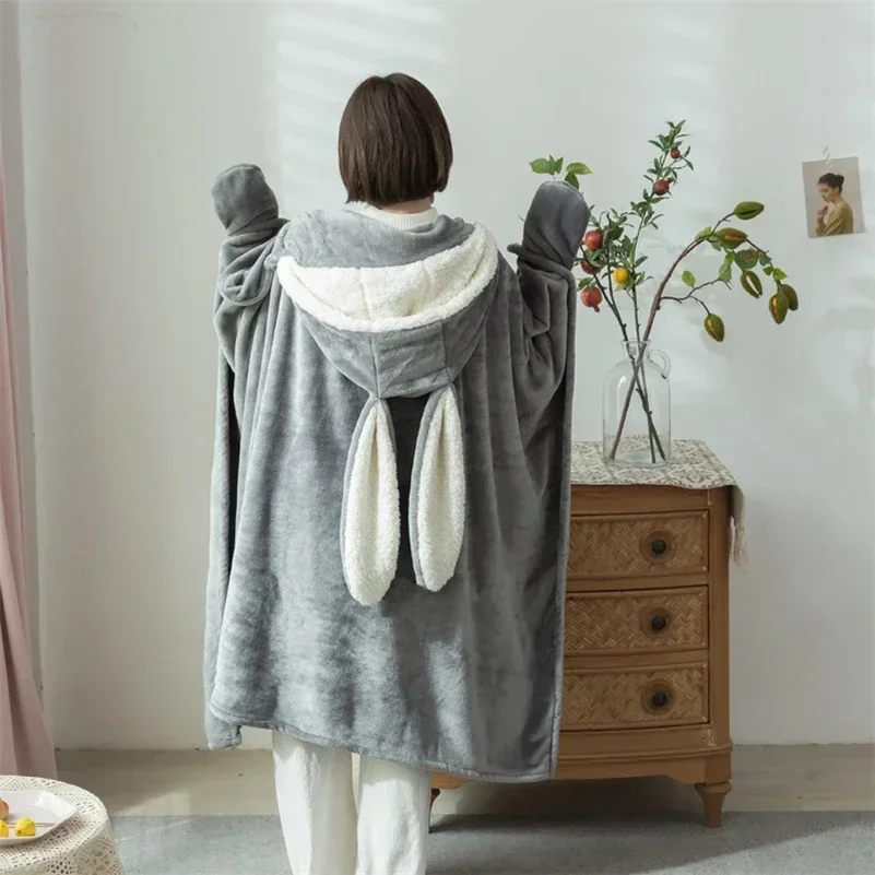 

Cute Rabbit Ears Lamb Velvet Hooded Cloak Cover Blanket Warm Soft Plush Nap Sofa Chair Throw Blankets Bedspread Cover Blanket