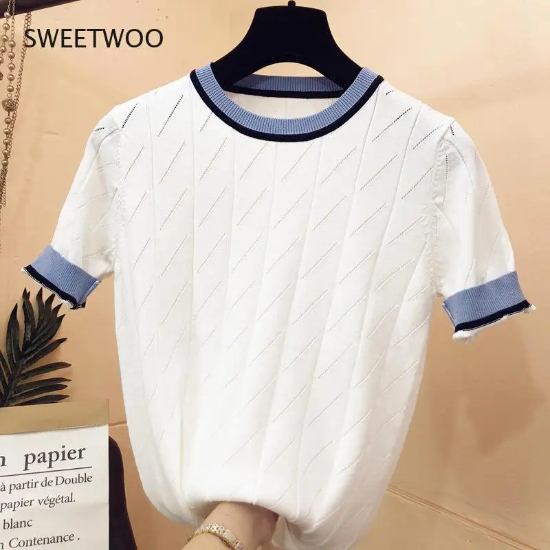 

2021 summer new arrival short sleeve o-neck patchwork sweater women fresh cute loose knitted pullover Modis tops