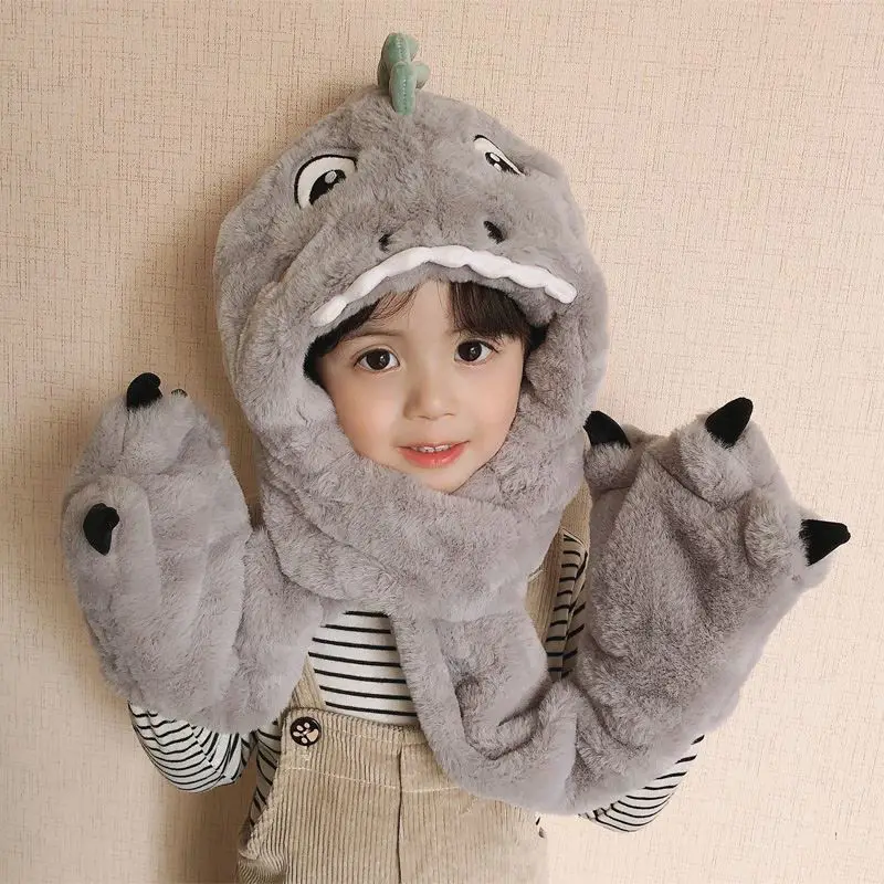 Children's Hat Winter Boys and Girls Baby Winter Warm Cute Dinosaur Plush Neck Scarf One Piece Set