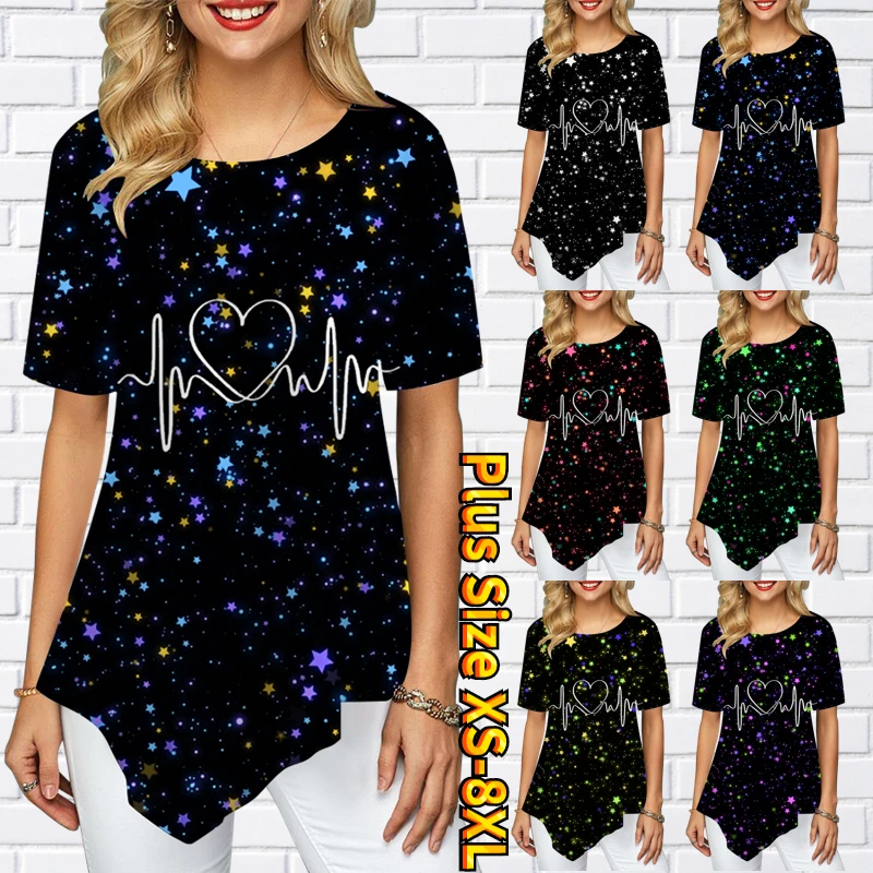 

Ladies Dazzling Five Star Simplified Heart Print Round Neck Temperament Trendy Pointed Skirt Swing Short Sleeve Women's XS-8XL