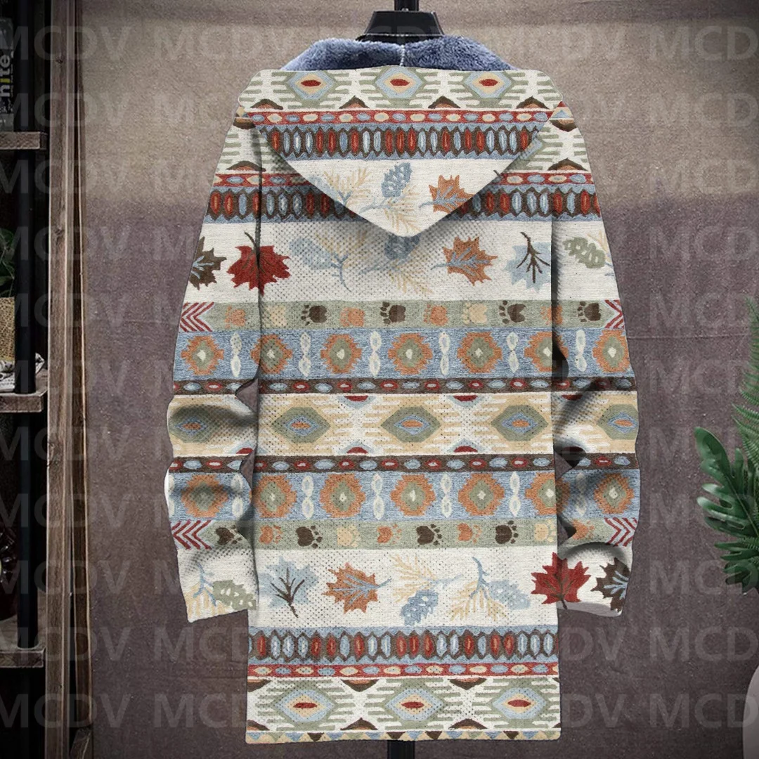 Men's Retro Totem Print Plush Thick Long-Sleeved Coat Fleece Hooded Overcoat Unisex Thick Warm Jacket