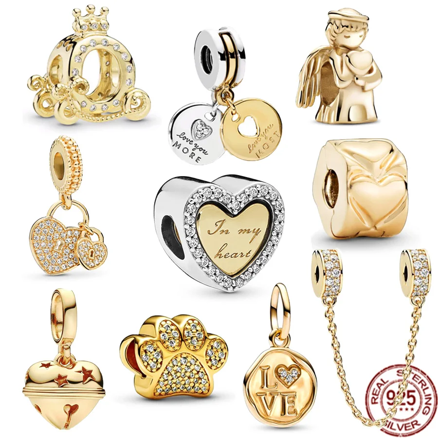 

Gold Series 925 Sterling Silver DIY Charm Sparkling Love Stamp & Festive Bell Dangle Beads Fit Original Pandora Bracelet Jewelry