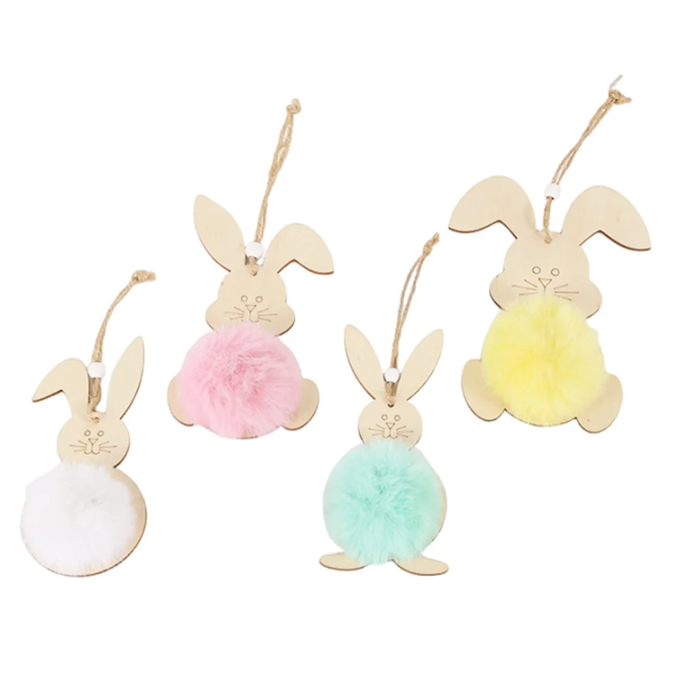

4pcs Plush Tail Easter Bunny Wooden Bunny Pendants Small Easter Rabbit Pendants