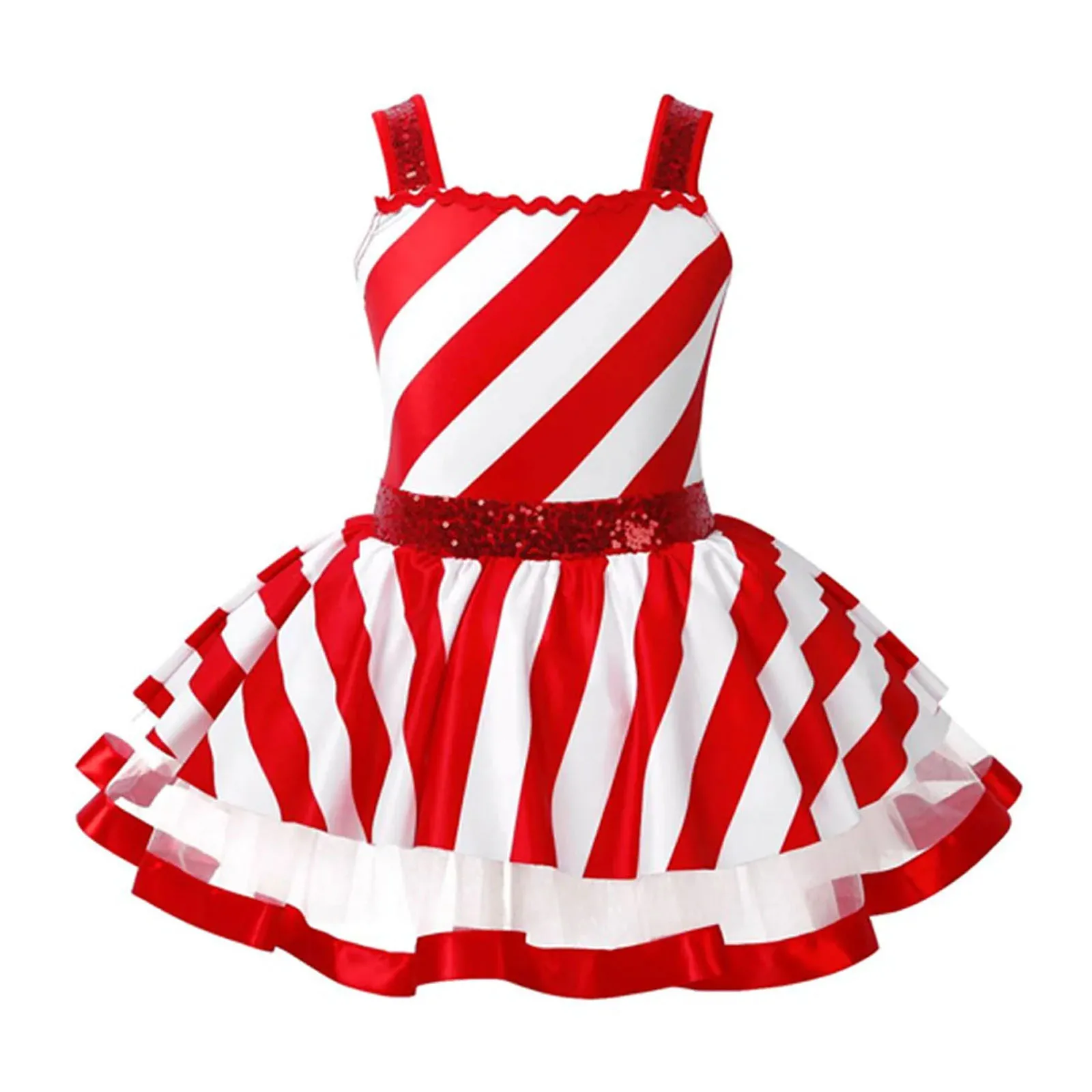 

Kids Girls Christmas Tutu Ballet Dance Dress Shiny Sequins Candy Cane Mrs Santa Claus Costume Figure Ice Skating Leotard Dress