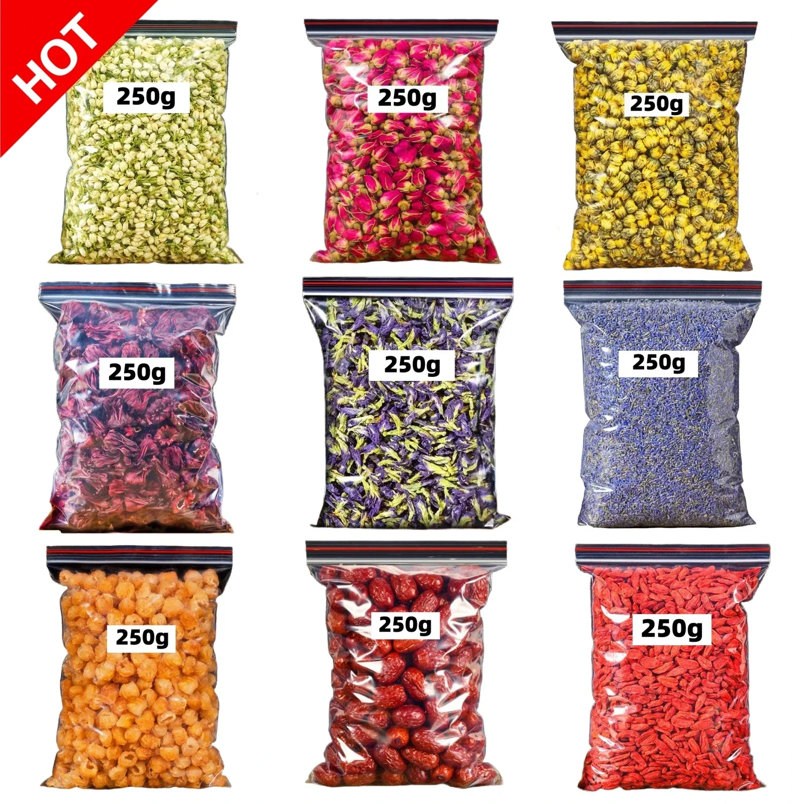 

250g Jasmine rose embryo chrysanthemum lavender longan dried medlar red date rose eggplant Flower Fetal bean Goji Berry Bag