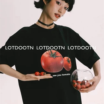 LOTDOOTN 100% 코튼 오버사이즈 티셔츠 여성용, 그래픽 프린트, 소프트 O넥, 반팔, 캐주얼, 루즈한 하이트 스트리트 상의, 여름
