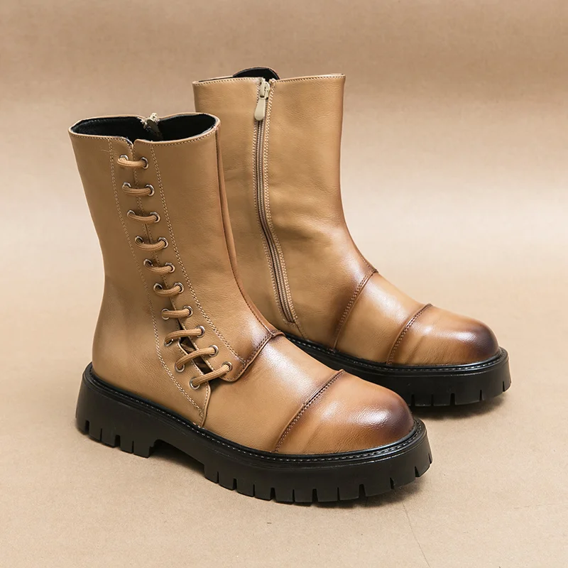 

Fashion Leather Brown High Boots for Man Zipper Platform Men's Designer Luxury Boots High Quality Biker Boots Men kozaki wysokie