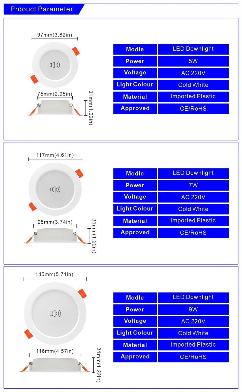 2pcs/lot Led Downlight 5W 7W 9W 220V Sound Sensor Ceiling Light 2.5/3/4 inch Round Led Panel Down Light Voice Control Spotlight