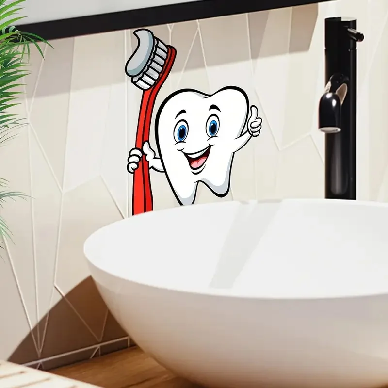Cartoon Tooth & Toothbrush Wall Decal Self-Adhesive for Bathroom Shower Room Decor Creative Art Wallp Pape