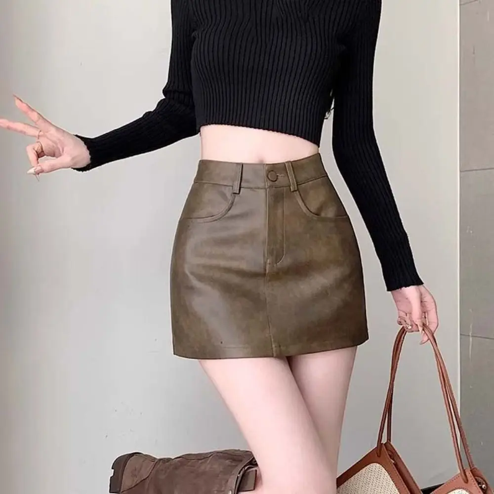 Sweet Zipper PU Leather Skirt Solid Color Retro Short Mini Skirts Slim Fit Autumn Winter High Waist A-line Skirt Girls