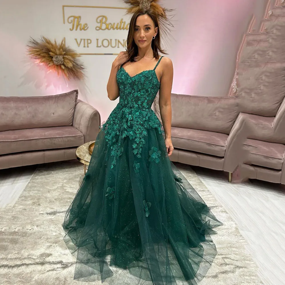 

Msikoods Green Tulle Prom Dresses For Wedding Party Glitter Lace Appliques Flower Glitter Evening Dress Pageant Party Gowns