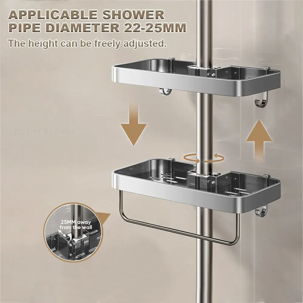 Aluminum Shower Shelf with Towel Rack Bathroom Shelf Without Drilling Soap Shampoo Holder Shower Tray Bathroom Organizer 2