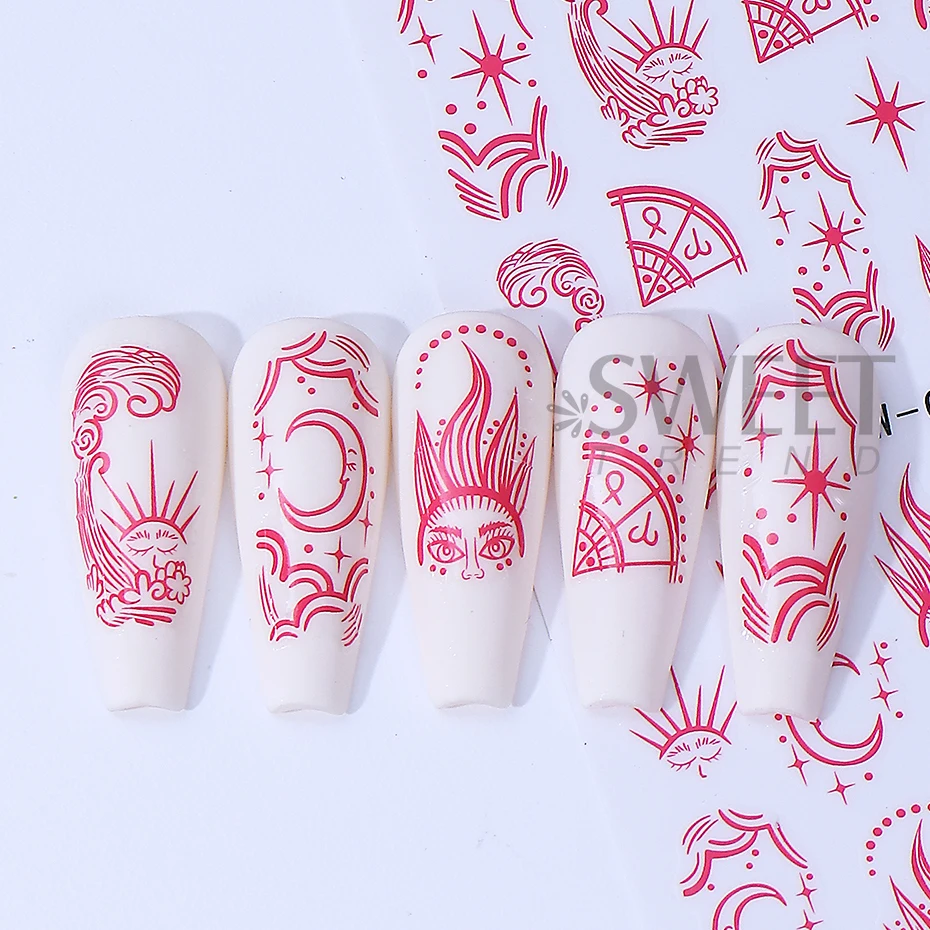 2pcs Star Nail Art Stickers 3D Retro Red Sun Star Moon Line Sliders Design Bohemia Nail Decals Holographic Manicure Decoration