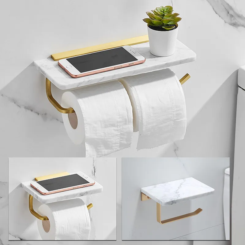 

Aluminum & Marble Bathroom Roll Paper Holder Bath Mobile Phone Towel Rack Toilet Tissue Shelf Wall Mounted Luxury Brushed Gold