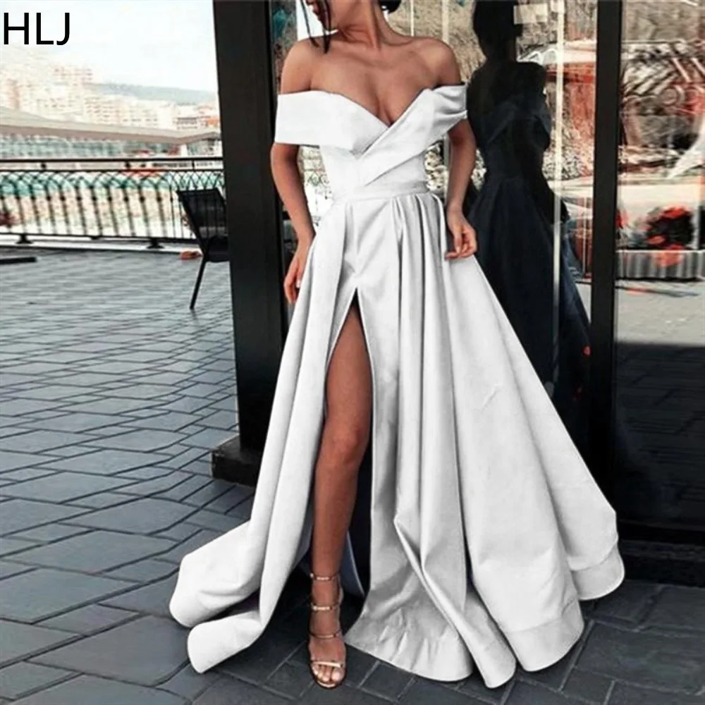 

HLJ Sexy Off Shoulder High Slit Evening Party Dress Women Deep V Short Sleeve Aline Floor Dress Fashion Female Birthday Vestidos