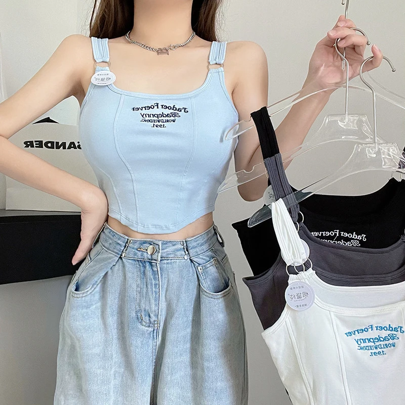 2023 New Spring Summer Print Letter Short Tank Tops Women'S Irregular Crop  Top Y2k Summer Buckle Vest Embroidery With Bra Pad - AliExpress