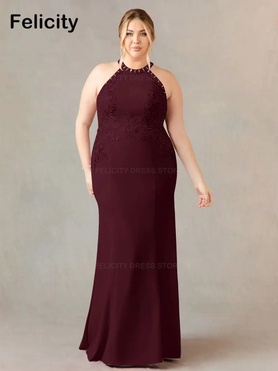 

Simple Plus Size Mother of the Bride Dresses 2023 Mermaid Halter Floor-Length Lace Sequin Wedding Guest Dress Vestidos de Gala