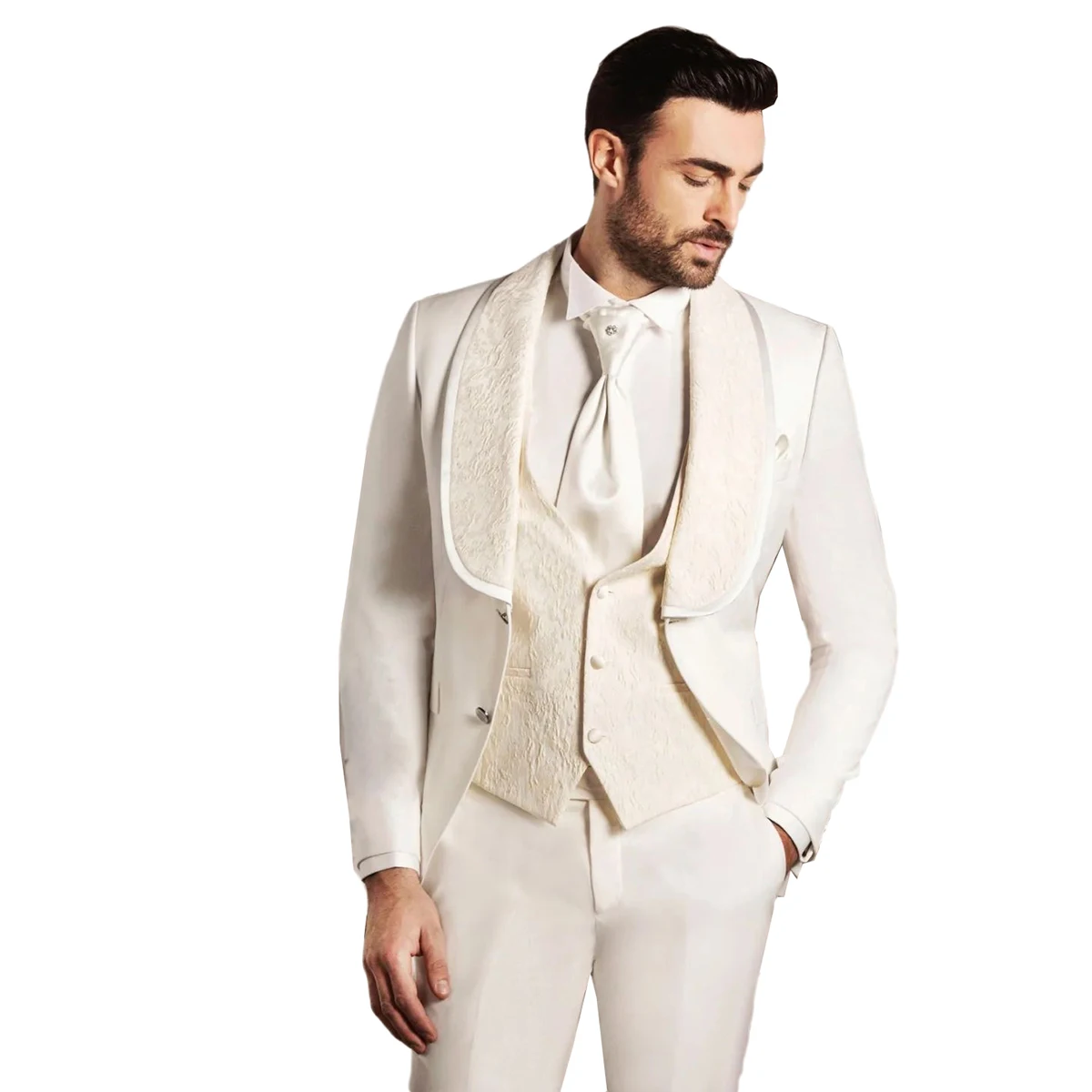 Men's Suits Tailored 3 Pieces Blazer Vest Pants Sheer Jacquard Lapel Single Breasted Slim Wedding Groom Custom Made Plus Size