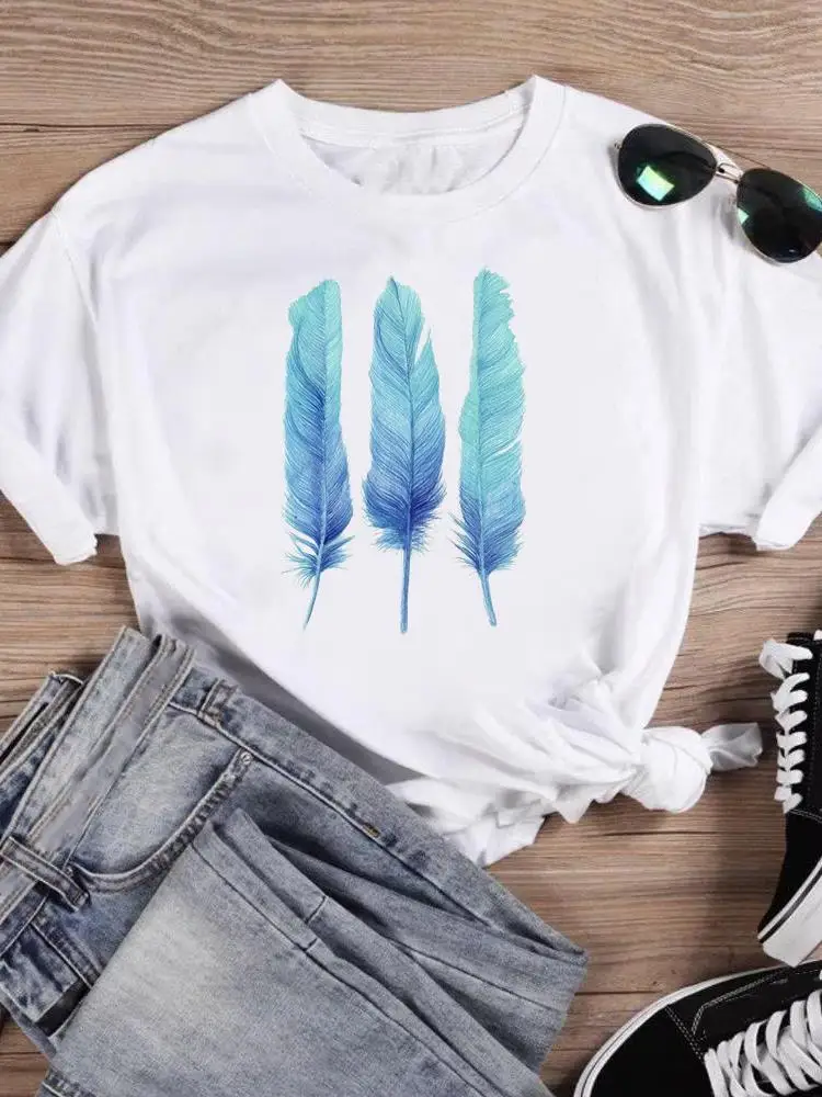

Graphic Tee Short Sleeve Fashion Female Print T Top Women Cartoon Feather Style 90s Cute Shirt Clothing T-shirts