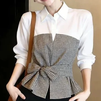Camicetta Trendy con Effetto Due Pezzi a Quadri e Patchwork Contrastante, Manica Lunga, Collo a Polo, Elegante, per Ufficio, Stile Coreano, Abbigliamento Femminile Primavera-Autunno