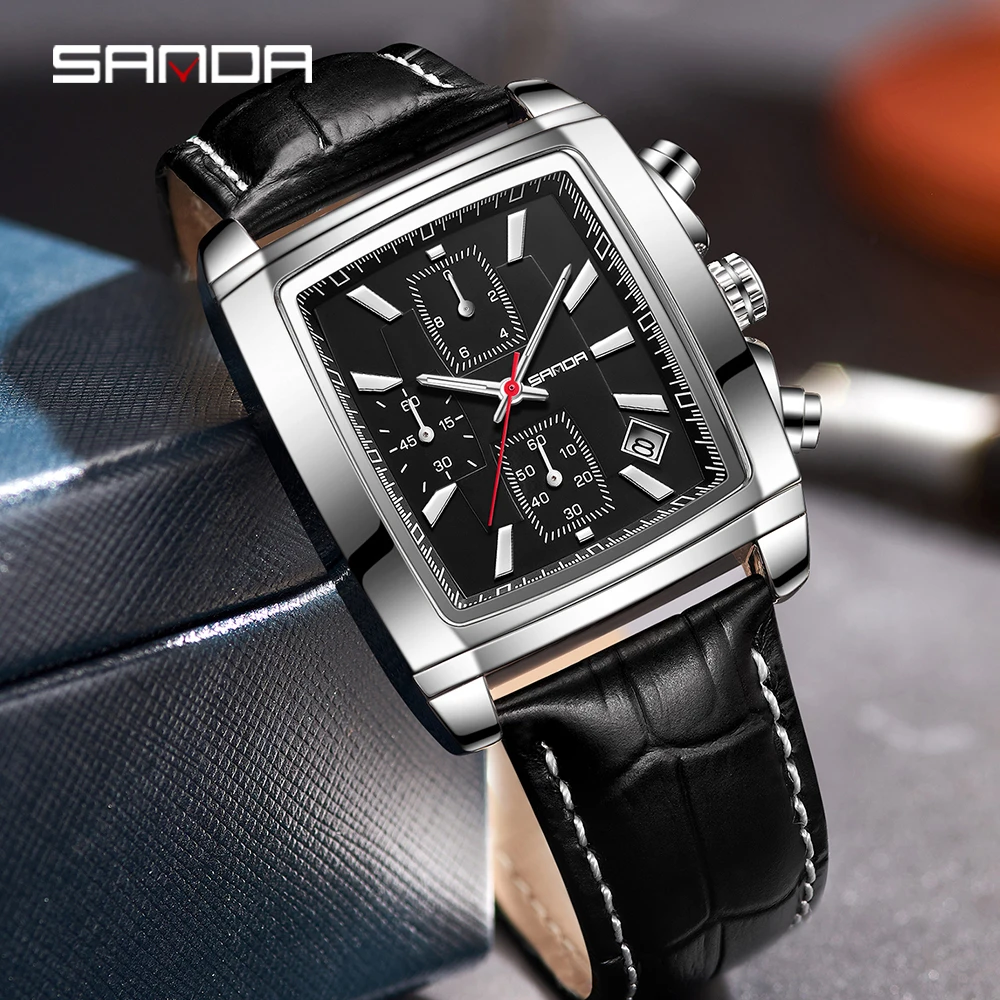 SANDA Men's Business Analog Chronograph Luminous Rectangle Quartz Watch with Stylish Leather Strap for Sport & Work Wristwatch