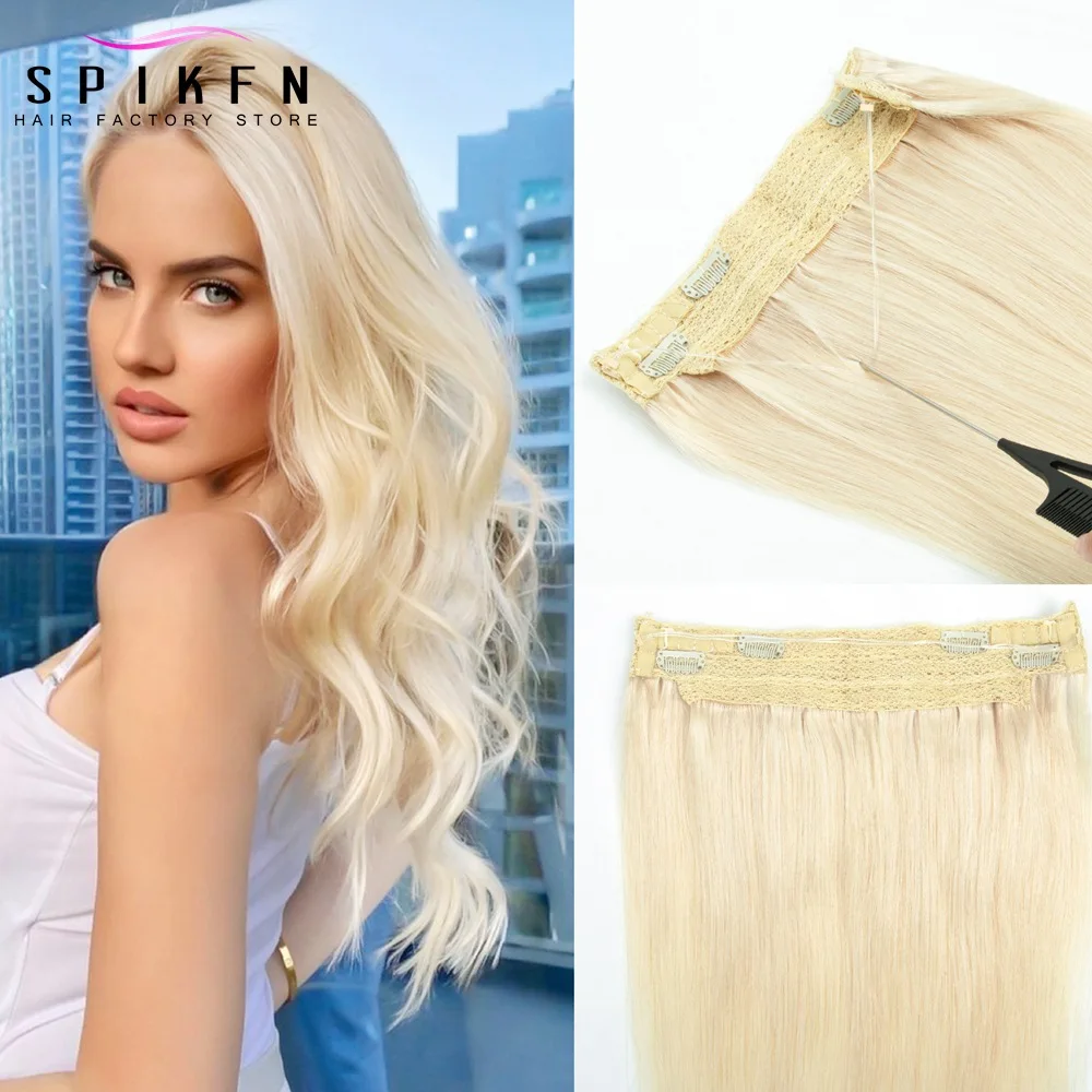 Fish Line In Hair Extensions Blonde Straight 4 Clips In Human Hair 12"-22" Invisible Wire in Weft Pieces 40-100g