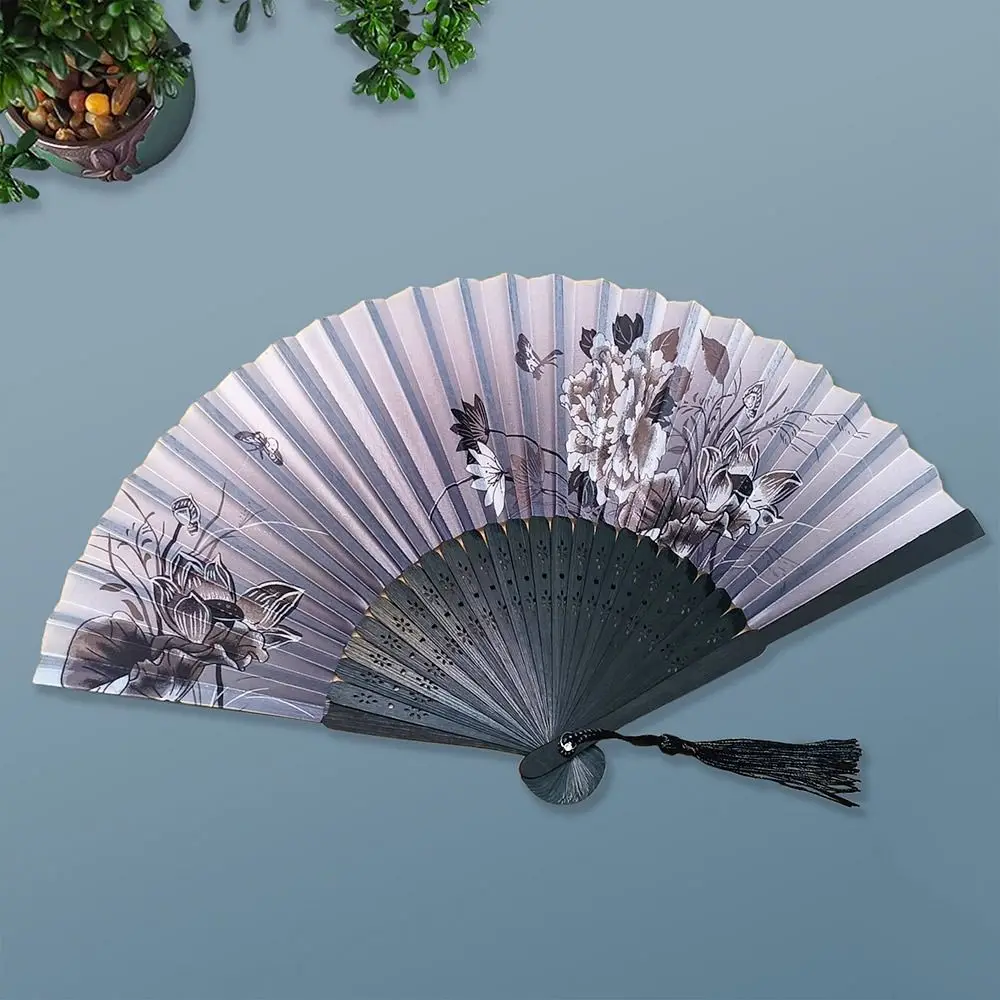 Folding Fan Hand Fan Wooden Hand Fan Silk Fans Chinese Vintage Colorful Silk Hand Fan Tassel Bamboo Shank Classical Dance Home Decoration